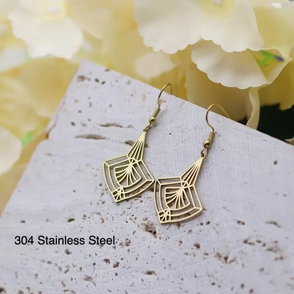 Gold Art Deco Geometric Fan Drop Earrings 304 Stainless Steel Gatsby Dangle